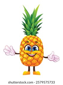 Cute pineapple character with open arms, welcoming and cheerful. Vector cartoon illustration