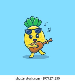 Cute Pineapple character playing guitar and singing vector ilustration. Summer Fruit Icon Concept Isolated Premium Vector. Flat Cartoon Style