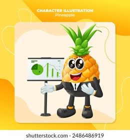 Cute pineapple character presenting financial reports. Perfect for kids, merchandise and sticker, banner promotion
