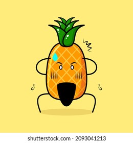 cute pineapple character with shocked expression, two hands on head and mouth open. green and yellow. suitable for emoticon, logo, mascot or sticker