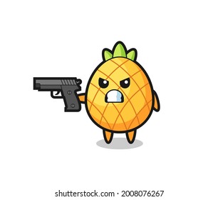 la tira de personaje de piña linda con una pistola, diseño de estilo lindo para camiseta, pegatina, elemento logo
