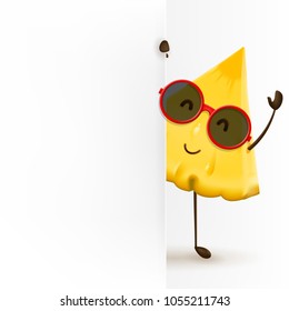 Cute pineapple character stands with blank signboard. Vector illustration of cartoon slice of tropical fruit.