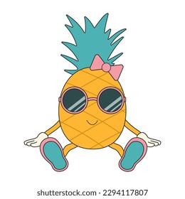 Cute pineapple character sticker in y2k groovy style. Retro cartoon character in trendy retro style, comic mascot character.