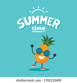 Cute pineapple character with summer lettering. Vector illustration in flat style