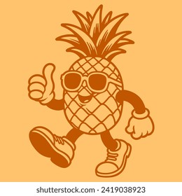 Cute pineapple character with sunglasses in y2k groovy style. Retro cartoon character in trendy retro style, comic mascot character. Nostalgia 60s, 70s, 80s