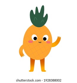 Cute pineapple character, sweet tropical fruit, funny cartoon mascot with cute face expression waving hello, vector illustration isolated on white background