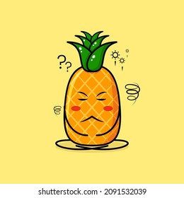 cute pineapple character with thinking expression, close eyes and sit cross-legged. green and yellow. suitable for emoticon, logo, mascot