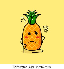 cute pineapple character with thinking expression and sit down. green and yellow. suitable for emoticon, logo, mascot