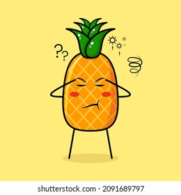 cute pineapple character with thinking expression, close eyes and two hands on head. green and yellow. suitable for emoticon, logo, mascot