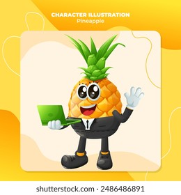 Cute pineapple character typing on a computer. Perfect for kids, merchandise and sticker, banner promotion
