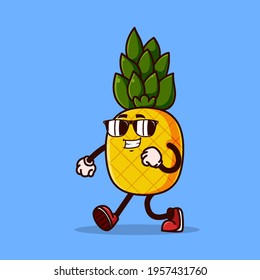 Cute pineapple character walking with eyeglass. Fruit character icon concept isolated. flat cartoon style Premium Vector