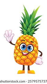 Cute pineapple character waving happily. Vector cartoon illustration