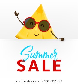 Cute pineapple character with white signboard. Vector illustration of cartoon slice of tropical fruit. Summer sale promo banner.