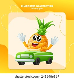 Cute pineapple characters playing with car toy. Perfect for kids, merchandise and sticker, banner promotion
