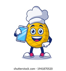 Chef Cute Pineapple Con Ilustración Del Vector De Caricatura Telefónica. Concepto de carácter mascota de frutas Vector premium aislado