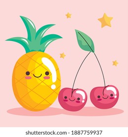 lindos pegatinas de piña y cerezas caracteres kawaii ilustración vectorial diseño