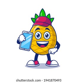 Cute Pineapple Cleaner Holding Phone Cartoon Vector Illustration. Fruit Mascot Character Concept Isolated Premium Vector