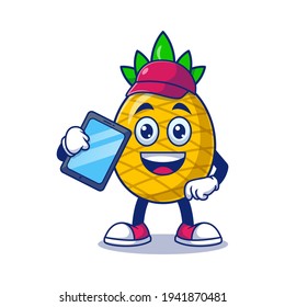 Cute Pineapple Cleaner Holding Tablet Cartoon Vector Illustration. Fruit Mascot Character Concept Isolated Premium Vector