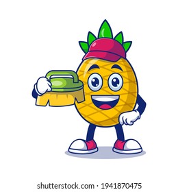 Cute Pineapple Cleaner Holding Washing Brush Cartoon Vector Illustration. Fruit Mascot Character Concept Isolated Premium Vector