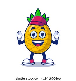 Cute Pineapple Cleaner With Stop Expression Cartoon Vector Illustration. Fruit Mascot Character Concept Isolated Premium Vector