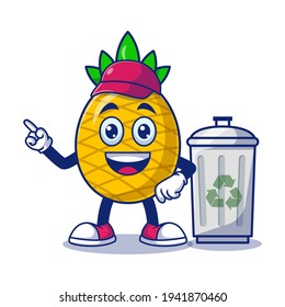 Limpieza Cute De Piña Con Basura Puede Dibujar Un Vector De Caricatura. Concepto de carácter mascota de frutas Vector premium aislado