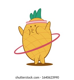 Cute Pineapple doing exercises with hula hoop vector cartoon character isolated on a white background.