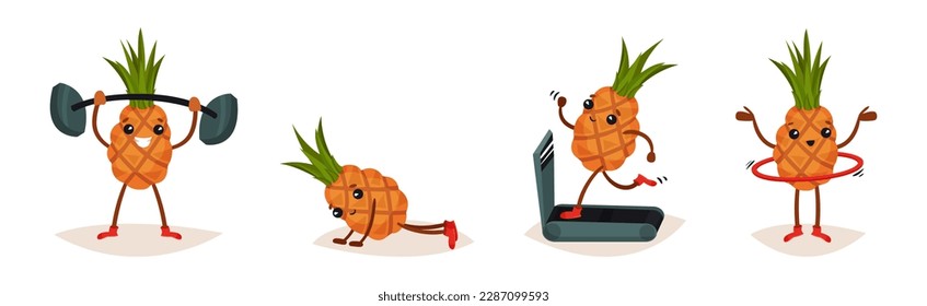 Cute Pineapple Doing Sport and Physical Activity Vector Set