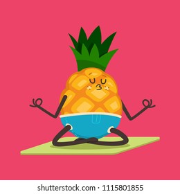 Cute Pineapple doing yoga exercise. Funny vector cartoon fruit character in lotus pose isolated on a background. Eating healthy and fitness.