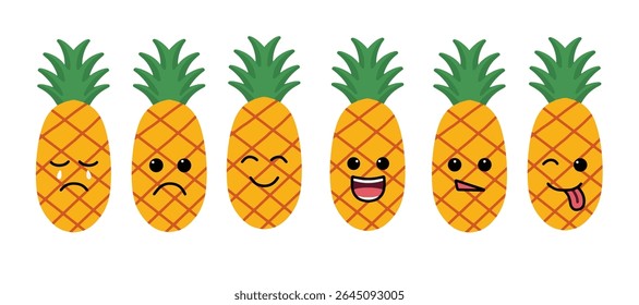 Cute pineapple emoticons set fruit expressions. Hand drawn Kawaii pineapple characters