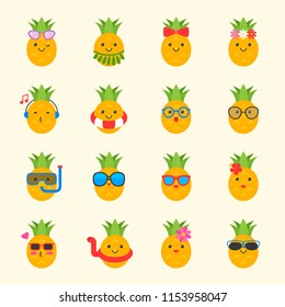 cute pineapple with face in summer beach theme such as swim ring, sun glasses, headphone, Hawaii costume 