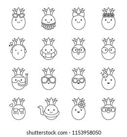 cute pineapple with face in summer beach theme such as swim ring, sun glasses, headphone, Hawaii costume 