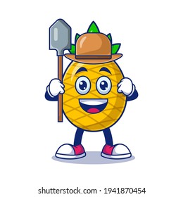 Cute Pineapple Farmer Cartoon Vector Illustration. Fruit Mascot Character Concept Isolated Premium Vector