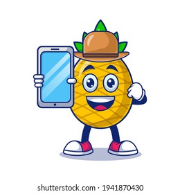 Cute Pineapple Farmer Holding Phone Cartoon Vector Illustration. Fruit Mascot Character Concept Isolated Premium Vector