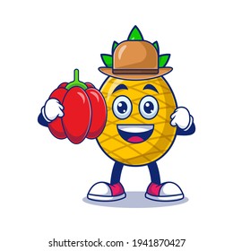 Cute Pineapple Farmer Holding Red Paprika Cartoon Vector Illustration. Fruit Mascot Character Concept Isolated Premium Vector