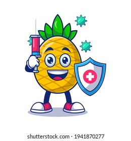 Cute Pineapple Fight Corona Virus With Injection And Shield Cartoon Vector Illustration. Fruit Mascot Character Concept Isolated Premium Vector