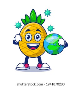 Cute Pineapple Fight Corona Virus Holding Earth Cartoon Vector Illustration. Fruit Mascot Character Concept Isolated Premium Vector