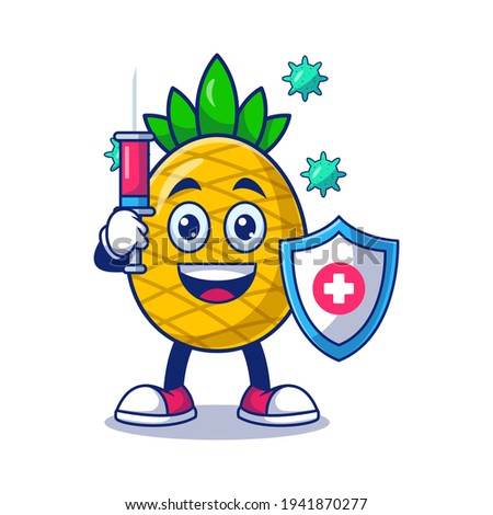 Cute Pineapple Fight Corona Virus With Injection And Shield Cartoon Vector Illustration. Fruit Mascot Character Concept Isolated Premium Vector