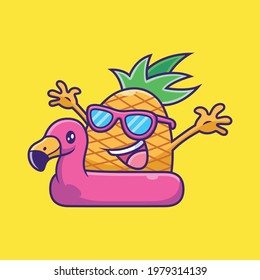 Cute Pineapple with Flamingo Tires Cartoon. Fruit Vector Icon Illustration, Isolated on Premium Vector