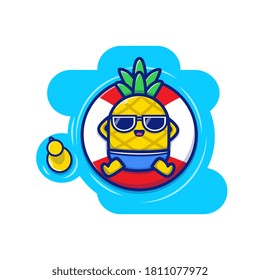 Cute Pineapple Floating in the Pool Cartoon Vector Icon Illustration. Summer Fruits Icon Concept Isolated Premium Vector. Flat Cartoon Style