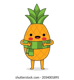 Cute Pineapple Fruit Cartoon Character Wearing A Green Scarf