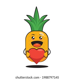 Cute pineapple fruit character hugging a heart with love vector design