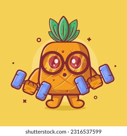 linda mascota de personaje de la fruta de la piña haciendo construcción de cuerpos usando dibujos animados aislados de dumbbell en diseño de estilo plano