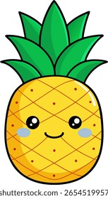 Cute pineapple fruit with cheerful cartoon expression and crown in vector flat style for learning tools