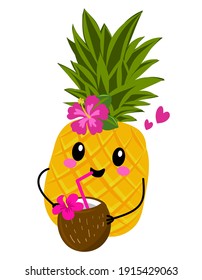 Cute pineapple fruit with coconut cocktail. Funny cartoon doodle draw. Hand drawn lettering for Valentine's Day greetings cards, invitation. Love Summer days. Summer vacation on the beach. Kid clothes