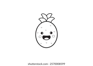 Cute pineapple fruit, Coloring page hand drawn isolated vector illustration for children.