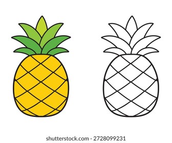 Página de coloração de frutas de abacaxi bonito para crianças, abacaxi de desenho animado simples com topo frondoso e referência colorida. Atividade educacional e colorida para crianças pequenas.