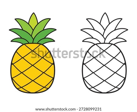 Cute Pineapple Fruit Coloring Page for Kids, Simple Cartoon Pineapple with Leafy Top and Colored Reference. Educational and coloring activity for toddlers.