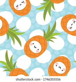 Cute pineapple frutal kawaii se enfrenta a un patrón sin fisuras, fondo abstracto de dibujos animados repetidos, ilustración vectorial
