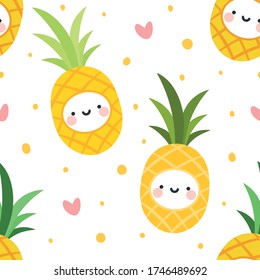 Ananas-Ananas-Frucht kawaii Gesicht nahtlos Muster, abstrakte wiederholte Cartoon Hintergrund, Vektor-Abbildung