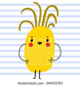 Cute pineapple in funny cartoon style. Lovely card in vector in bright colors.This illustration can be used as a print on T-shirts and bags. - stock vector